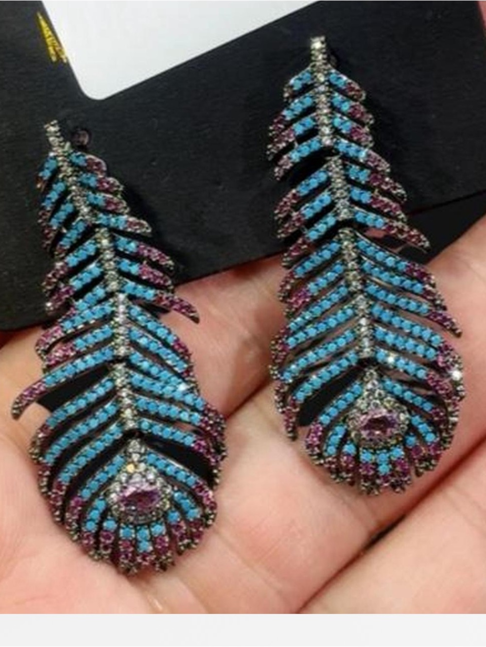 Statement Peacock Feather Earrings | Blue Green Enamel